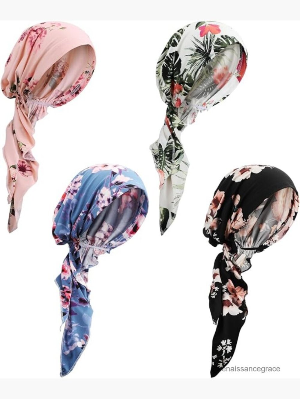 4-Pack Pre-Tied Chemo Turbans, Lightweight Polyester, Floral Design